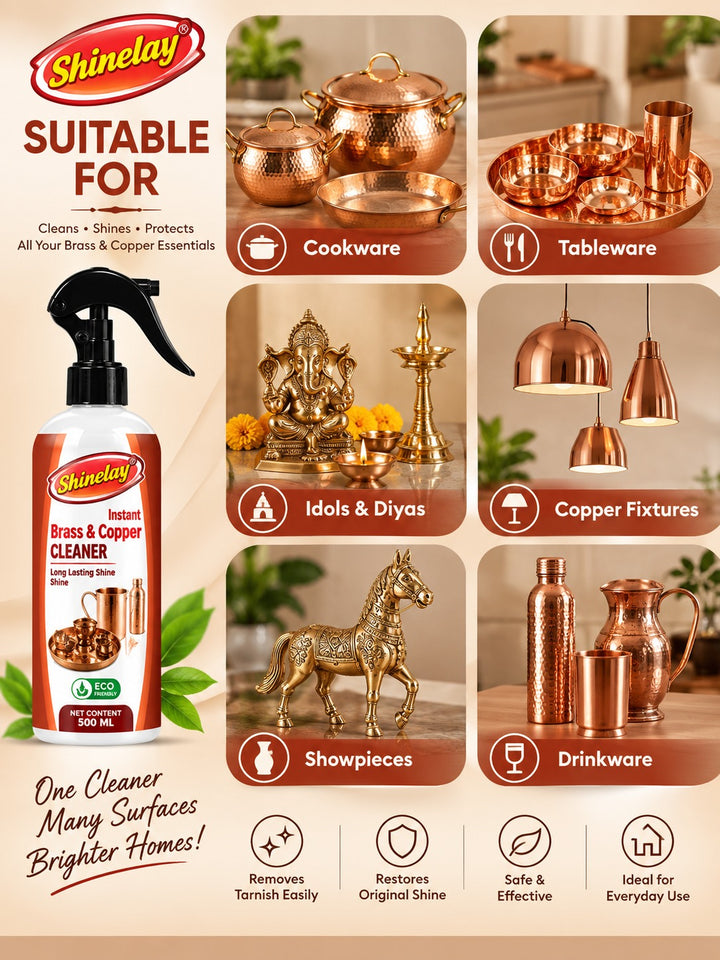 Shinelay Instant Brass & Copper Cleaner - Powerful Tarnish, Stain & Dirt Remover for Brass, Copper Utensils, Metalware & Kitchen Items - 2 x 500 ML