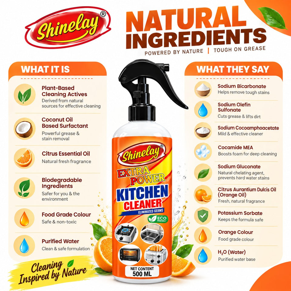 Shinelay Extra Power Kitchen Cleaner - Powerful Grease, Oil, Stain & Dirt Remover for Gas Stove, Sink, Microwave & Kitchen Appliances - 2 x 500 ML