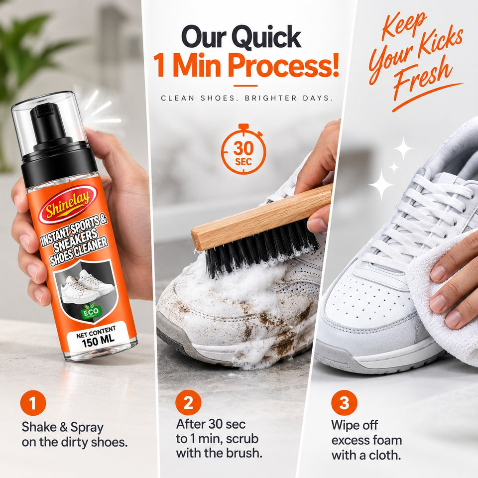 Shinelay Instant Sports & Sneakers Shoes Cleaner - Powerful Cleaner for Sports Shoes, Sneakers, Athletic Shoes, Loafers & Boots - 2 x 150 ML