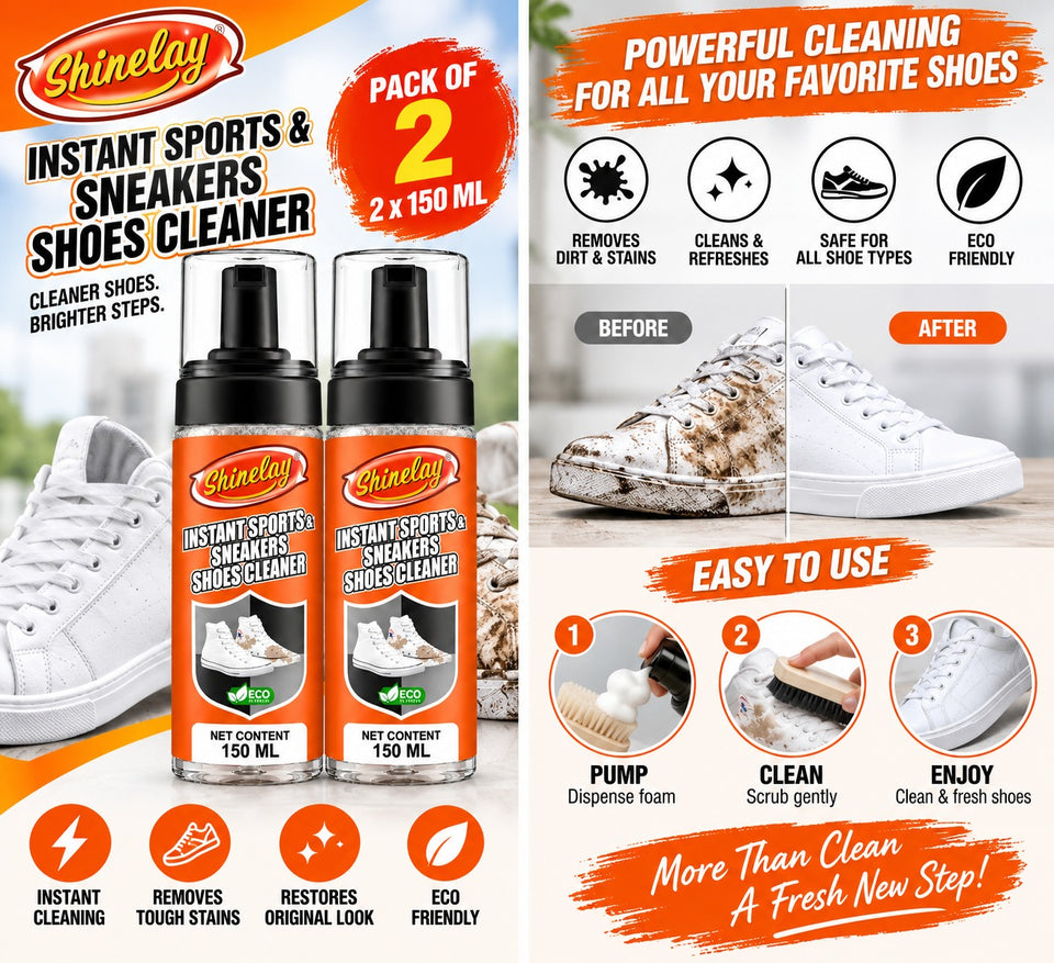 Shinelay Instant Sports & Sneakers Shoes Cleaner - Powerful Cleaner for Sports Shoes, Sneakers, Athletic Shoes, Loafers & Boots - 2 x 150 ML