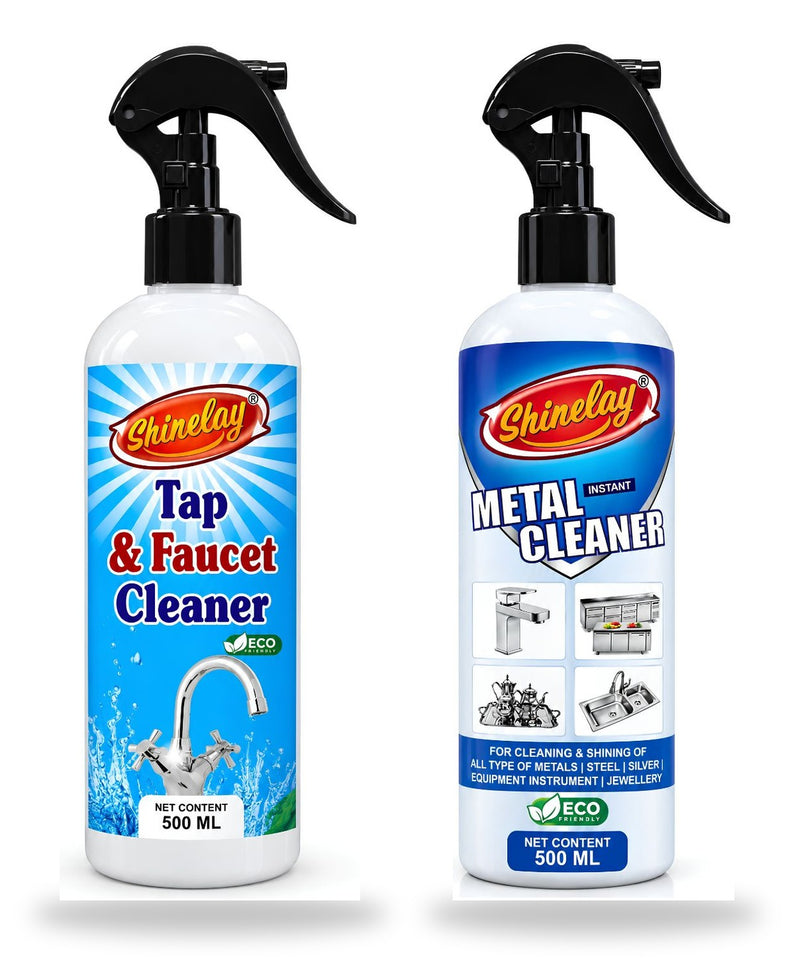 Shinelay Tap & Faucet Cleaner + Instant Metal Cleaner - Water Mark, Stain, Dirt & Grime Remover for Bathroom, Kitchen, Steel, Silver & Metal Surfaces - 2 x 500 ML