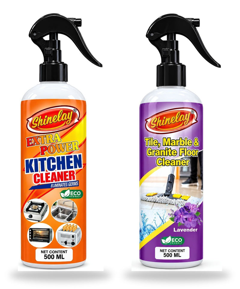 Shinelay Extra Power Kitchen Cleaner + Tile, Marble & Granite Floor Cleaner Combo - Grease, Stain & Dirt Remover - 2 x 500 ML