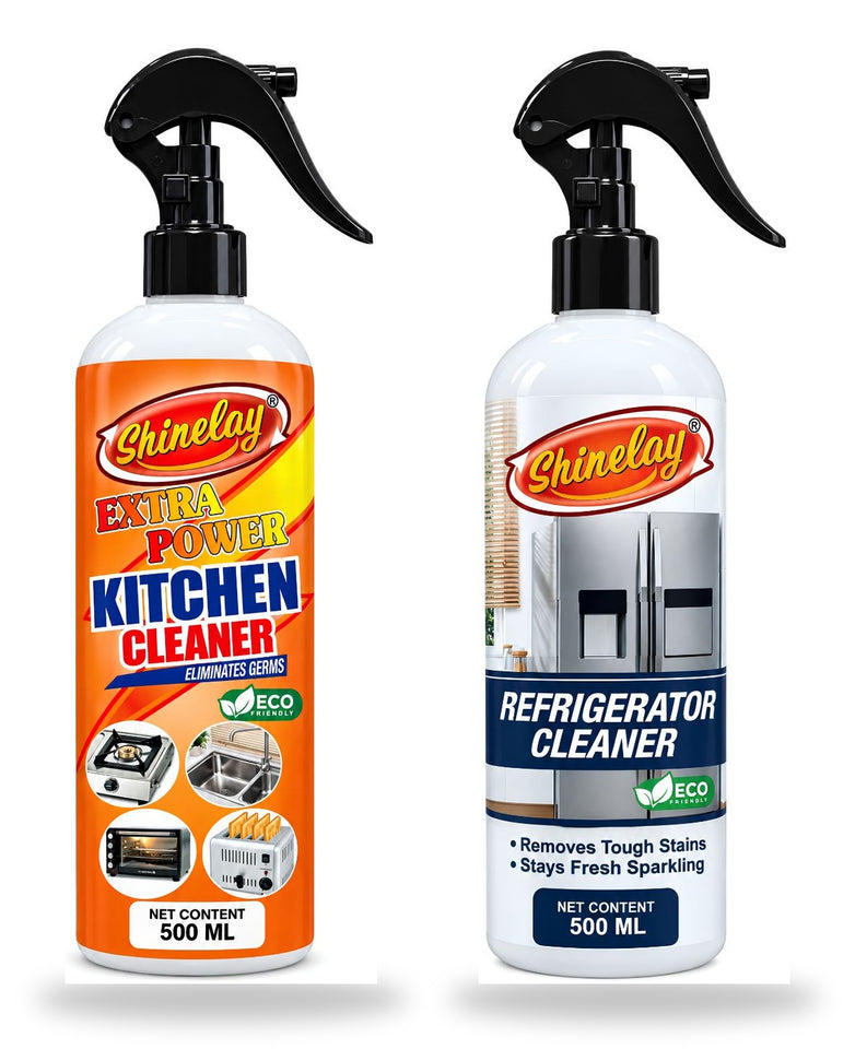Shinelay Extra Power Kitchen Cleaner + Refrigerator Cleaner - Powerful Grease, Oil, Stain & Dirt Remover for Kitchen, Gas Stove, Sink, Microwave, Refrigerator & Appliances - 2 x 500 ML