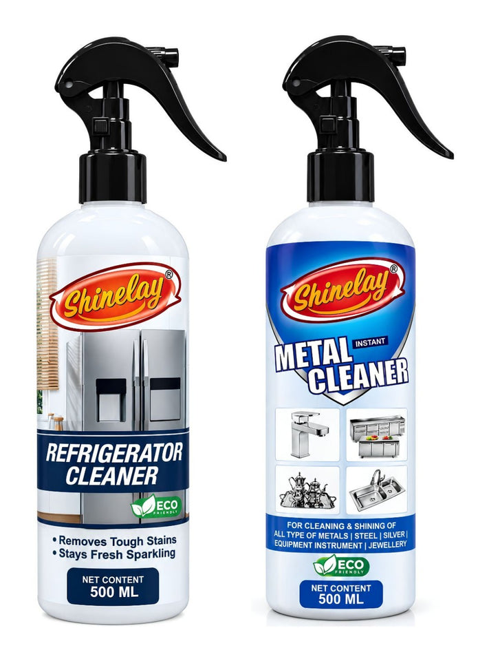 Shinelay Refrigerator Cleaner + Instant Metal Cleaner Combo - Tough Stain, Dirt, Grease & Grime Remover for Refrigerator, Fridge, Steel, Silver & Metal Surfaces - 2 x 500 ML