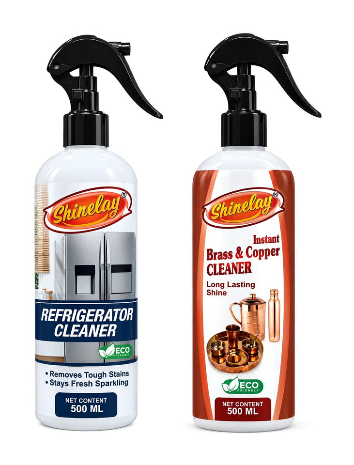Shinelay Refrigerator Cleaner + Instant Brass & Copper Cleaner Combo - Tough Stain, Dirt, Grease & Tarnish Remover for Refrigerator, Fridge, Brass & Copper Items - 2 x 500 ML