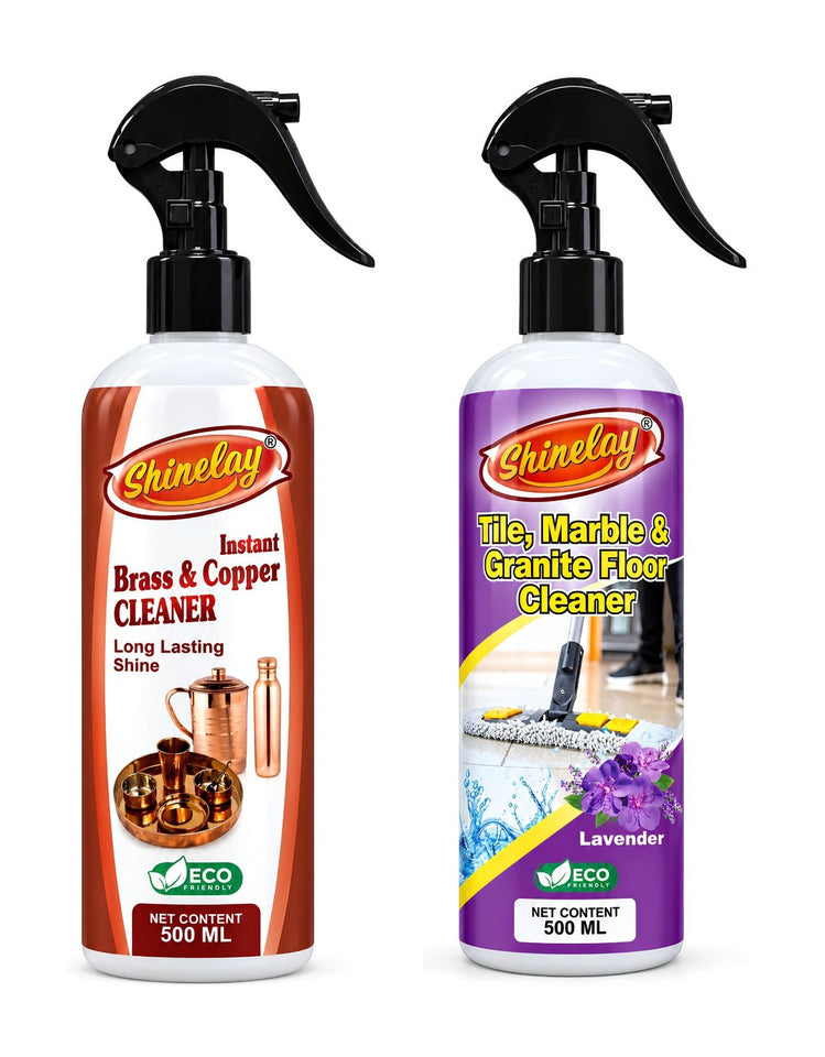 Shinelay Brass & Copper Cleaner + Tile, Marble & Granite Floor Cleaner Combo - Powerful Tarnish, Stain, Dirt & Grime Remover - 2 x 500 ML