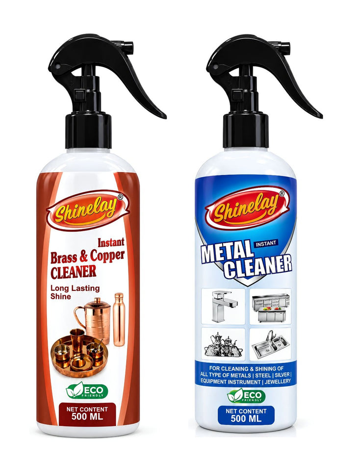 Shinelay Brass & Copper Cleaner + Instant Metal Cleaner Combo - Powerful Tarnish, Stain, Dirt & Grease Remover for Brass, Copper, Steel, Silver & Metal Items - 2 x 500 ML