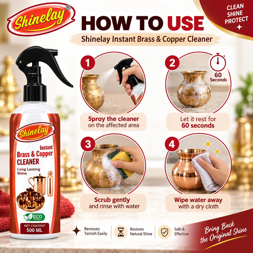 Shinelay Brass & Copper Cleaner + Tile, Marble & Granite Floor Cleaner Combo - Powerful Tarnish, Stain, Dirt & Grime Remover - 2 x 500 ML