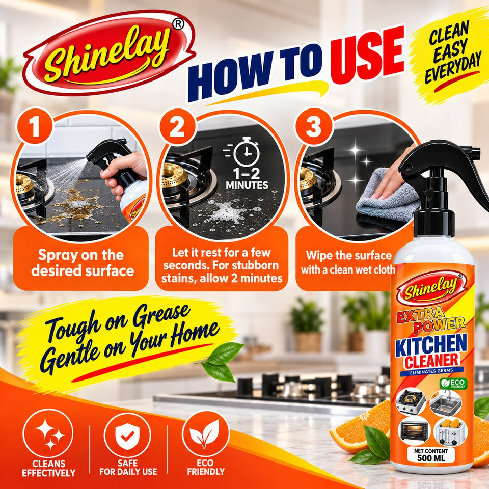 Shinelay Extra Power Kitchen Cleaner + Instant Metal Cleaner Combo - Grease, Stain & Dirt Remover - 2 x 500 ML