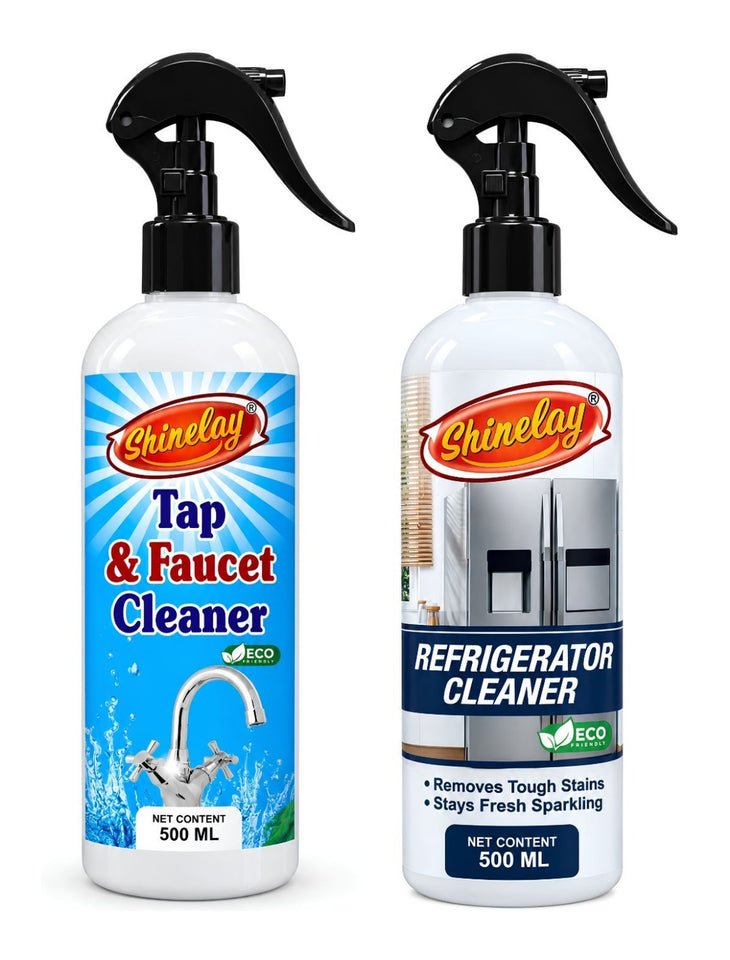 Shinelay Tap & Faucet Cleaner + Refrigerator Cleaner - Water Mark, Stain, Dirt & Grease Remover for Bathroom, Kitchen & Refrigerator - 2 x 500 ML
